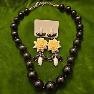 Black Beaded Necklace with Cream Rose Pierced Earrings 13" + 1.5" Extension